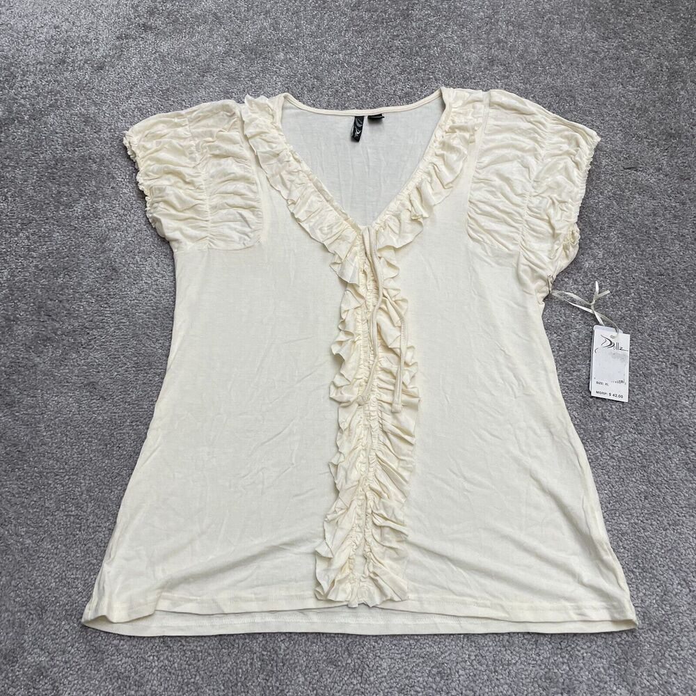 Dollz Ruffle Blouse Top Womens XL Cream V-Neck Short Sleeve Casual Stretch NWT